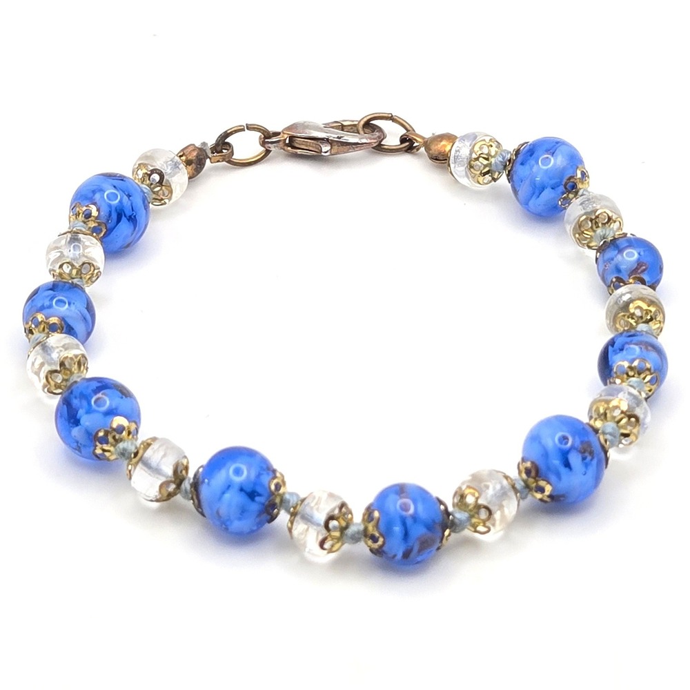 Vintage Blue Swirl Art Glass Bead Bracelet Goldtone Filigree Caps 7.25 Inch‎